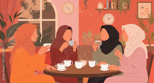 Muslim women friends enjoying tea together.