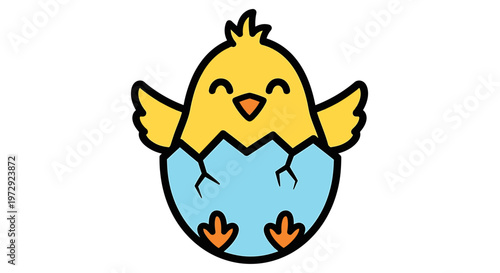 Cute little yellow chick emerges from cracked blue eggshell happily