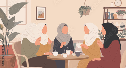 Four women chatting at a cozy coffee shop.