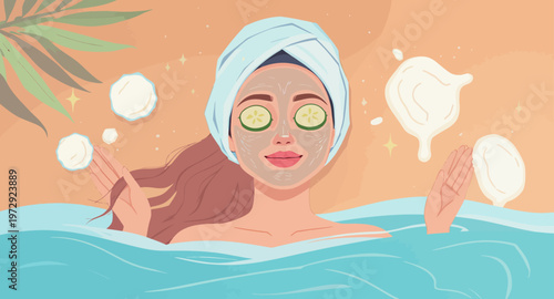 Woman relaxing in spa water with face mask.