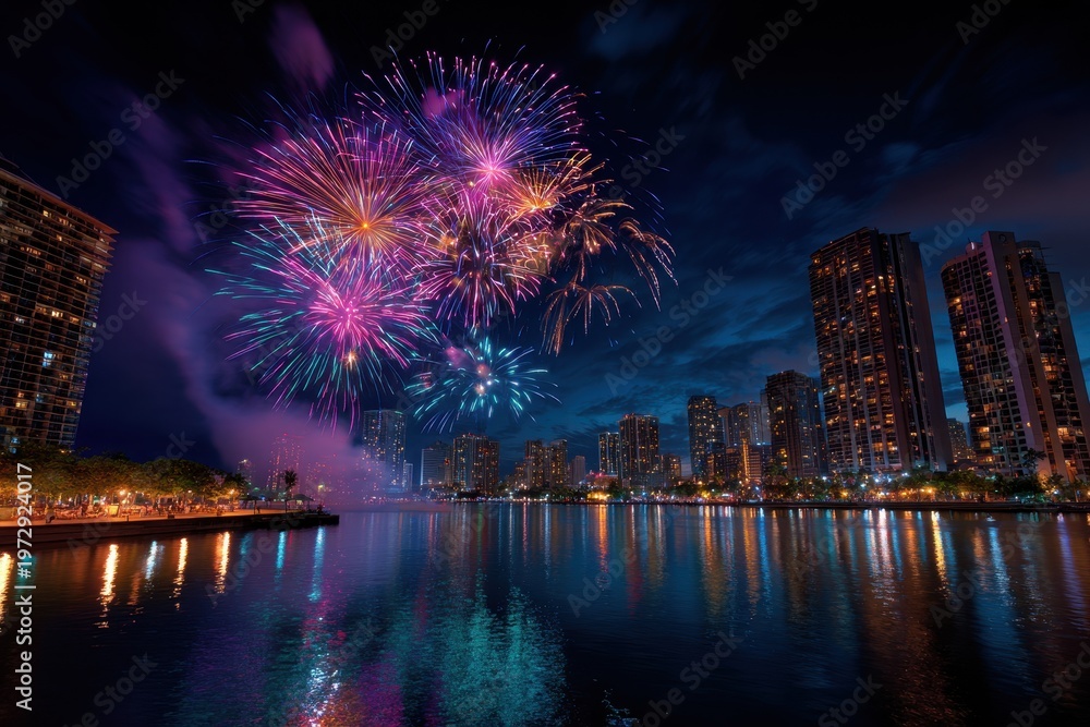 Fototapeta premium City skyline illuminated by fireworks display