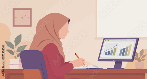 woman in hijab working on computer.