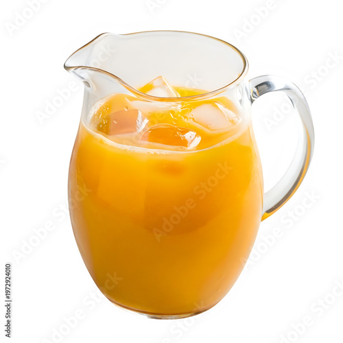 A glass pitcher filled with orange juice and ice cubes isolated on white background