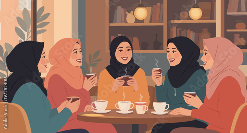 Diverse group of women enjoying coffee.