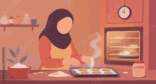 Woman baking cookies in a kitchen.