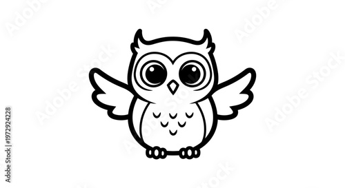 A cute cartoon owl with big eyes spreads its wings in a forest.