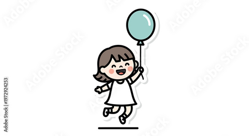 A cute little girl happily runs with a blue balloon outside