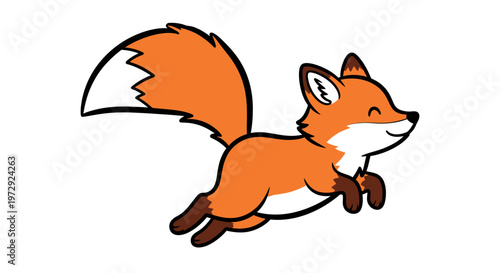 A cute cartoon fox is jumping happily in a field of flowers.