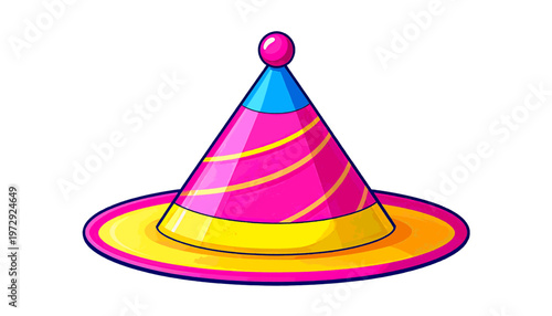 Colorful party hat with wide brim presented as festive celebration accessory in illustration style vector