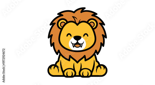 A cute lion cartoon character sitting happily on grassy field