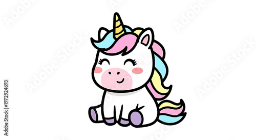 A cute cartoon unicorn with a colorful mane sits happily on the ground