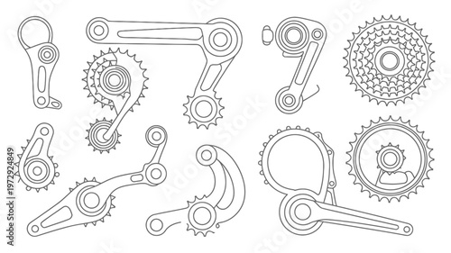 Collection of Bicycle Drivetrain Components HandDrawn Illustration.