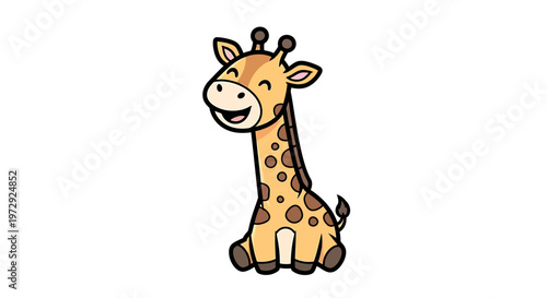 A cute giraffe sitting outdoors looking happy and smiling