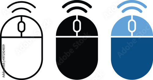 Wireless Mouse Symbols. Technology icons. Bluetooth mouse and laser icon. Office equipment signs. Tech accessory and desktop design.
