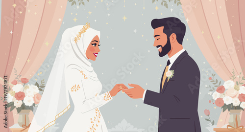 Muslim couple holding hands in wedding.