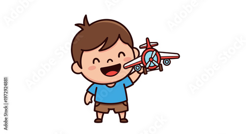 A cute boy happily playing with a red airplane toy outdoors.