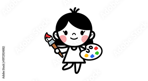 A cute girl happily holds a paintbrush and palette standing alone.