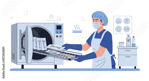 Sterilization Process: Healthcare Worker Loads Autoclave with Medical Instruments