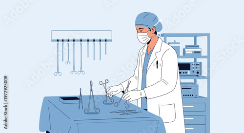 Surgeon in sterile surgical attire preparing instruments for operation in operating room