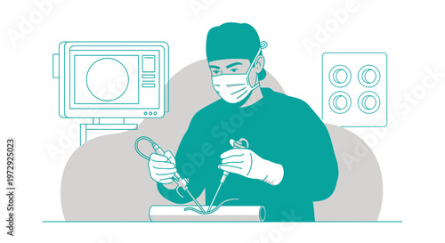 Surgeon Performing Laparoscopic Surgery with Robotic Instruments and Monitor