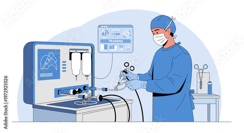 Surgeon in surgical attire using advanced laparoscopic training simulator in operating room