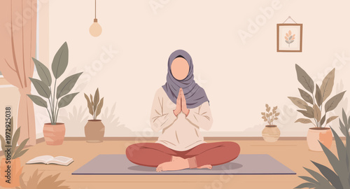 Woman meditating in a peaceful indoor garden.