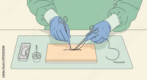 Surgeon practicing suturing on a training pad, close-up of hands with gloves and instruments