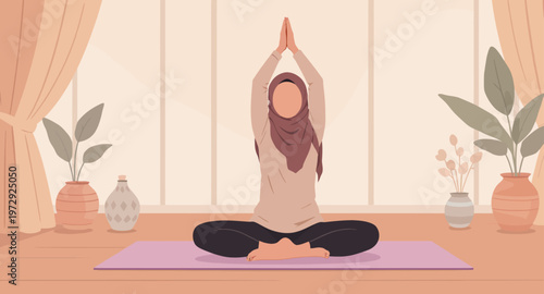 woman in hijab practicing yoga at home.