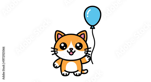 A cute cartoon cat holds a blue balloon in a playful scene.