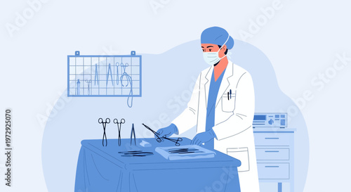 Surgeon preparing for operation with surgical instruments on sterile table