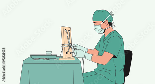 Surgeon practicing surgical knot tying on a training dummy, medical education