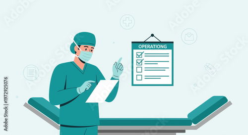 Surgeon preparing for operation, checklist on wall, medical equipment in operating room