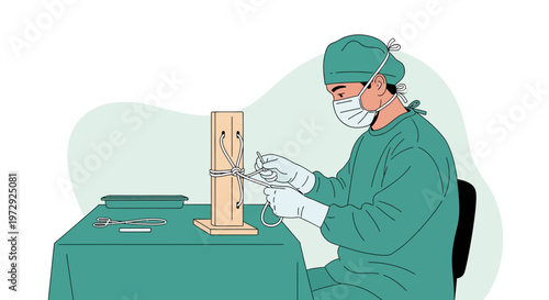 Surgeon practicing suturing technique on a training dummy in a sterile operating room