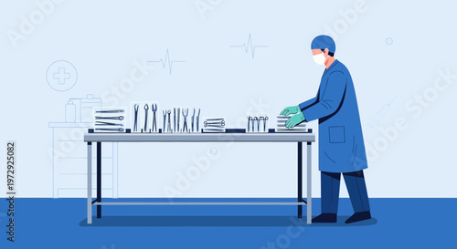 Surgeon preparing medical instruments on a sterile table in a modern operating room