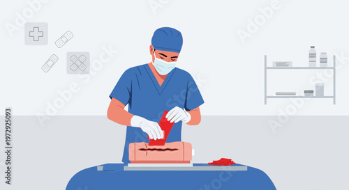 Surgeon preparing medical supplies for surgery, sterile packaging in operation room