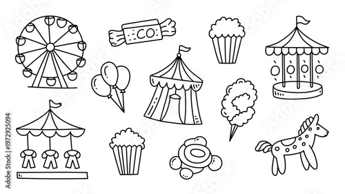 Collection of HandDrawn Carnival and Fairground Icons.