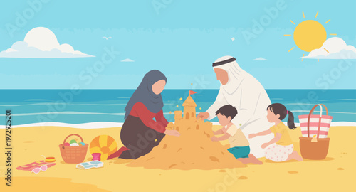 Family building sandcastle on beach vacation.