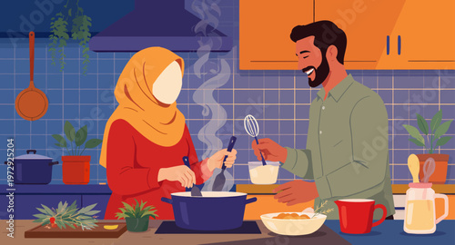 Happy couple cooking together in kitchen.