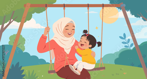 A woman and a little girl on a swing.
