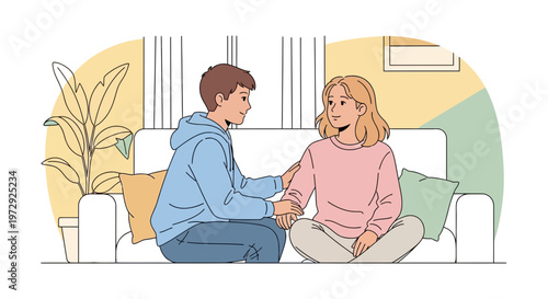 Teenage friends comforting each other on a couch, showing empathy and support