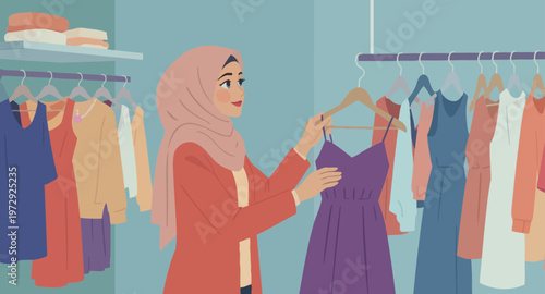 Woman shopping for clothes in store.