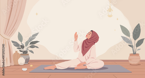 Woman in hijab practicing yoga at home.