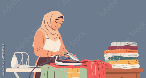 woman ironing clothes at home.