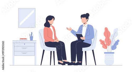Therapist and patient talking in a cozy office, mental health counseling session