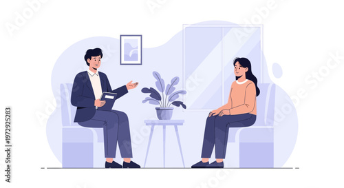 Therapist and patient talking in a cozy office, mental health support and therapy session