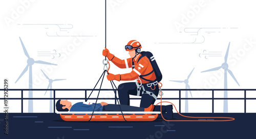 Wind turbine rescuer with patient in stretcher, high-altitude rescue, safety at height