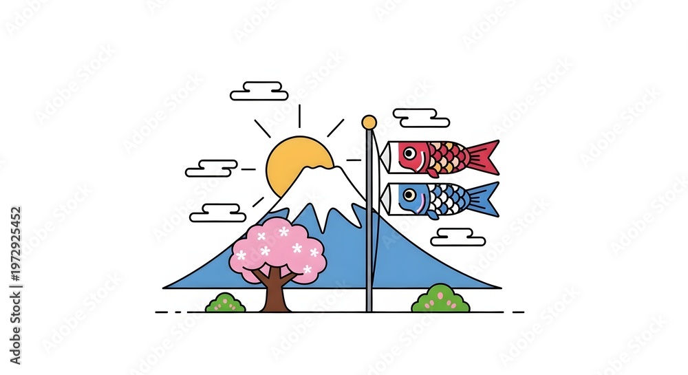 Fototapeta premium A colorful illustration of a mountain with a tree and fish flags isolated on white background