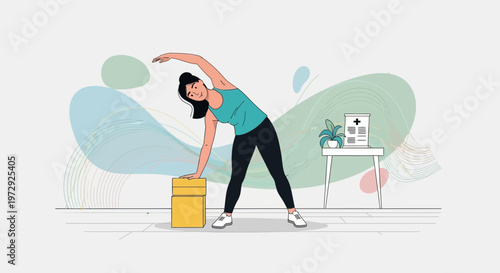 Woman doing side bend exercise, stretching body, healthy lifestyle, home workout, fitness