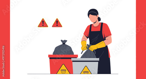 Woman in apron and gloves sorting trash into bins with warning signs