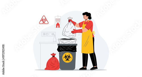 Woman in yellow apron disposing of biohazard waste in a bin, red biohazard bag nearby